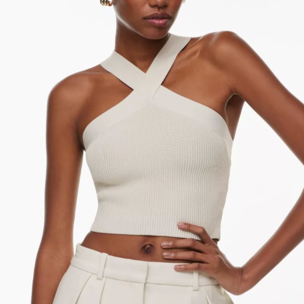 Aritzia Babaton Sculpt Knit Criss Cross Cropped Tank Matte Pearl